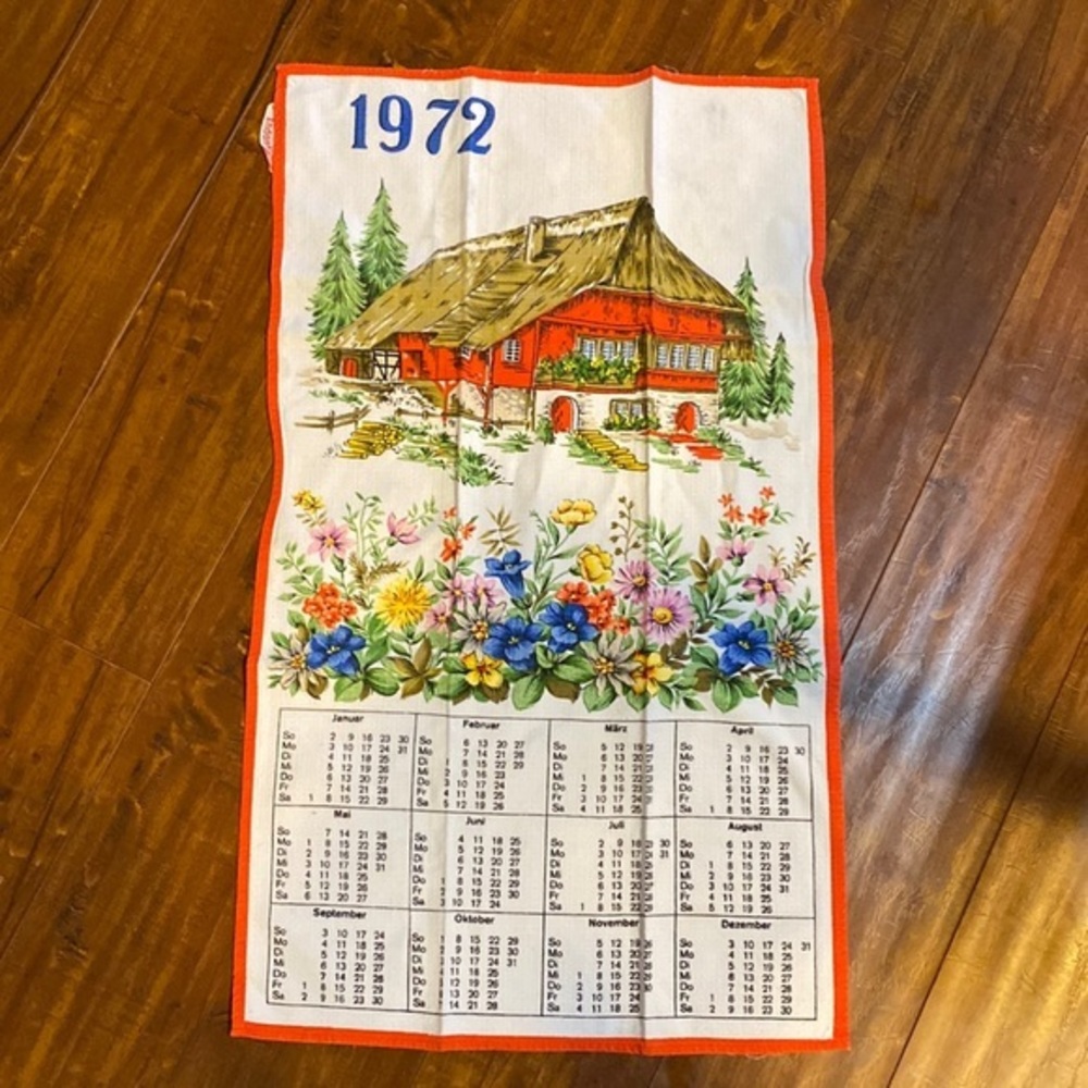 Vintage 1972 Swiss Floral Calendar Tea Towel Indanthren Cottage Linen